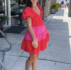 ​English Factory Red Pink Colorblock Puff Sleeve Tiered Mini Dress